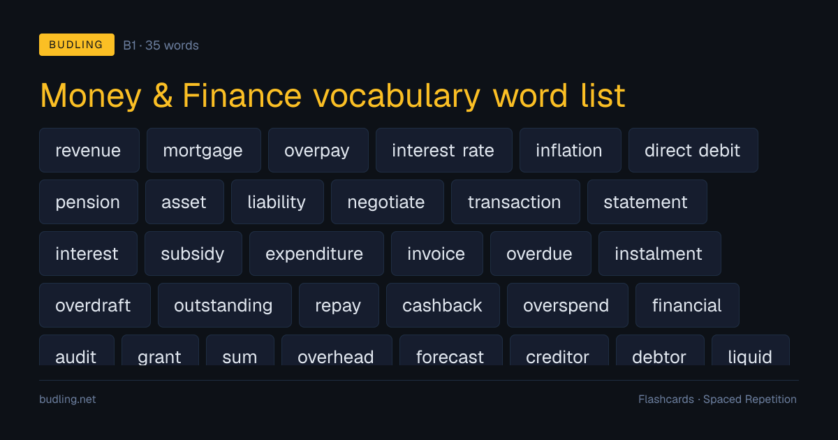 Money & Finance vocabulary word list — 35 B1 English flashcards
