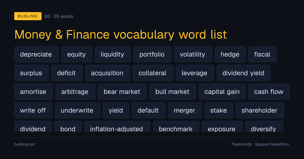 Money & Finance vocabulary word list — 35 B2 English flashcards