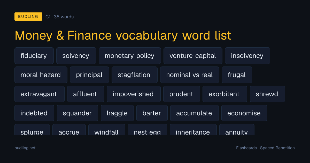 Money & Finance vocabulary word list — 35 C1 English flashcards