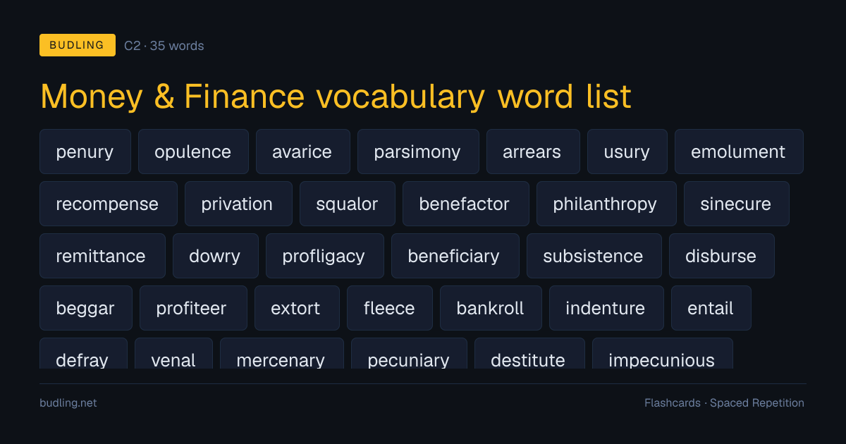 Money & Finance vocabulary word list — 35 C2 English flashcards