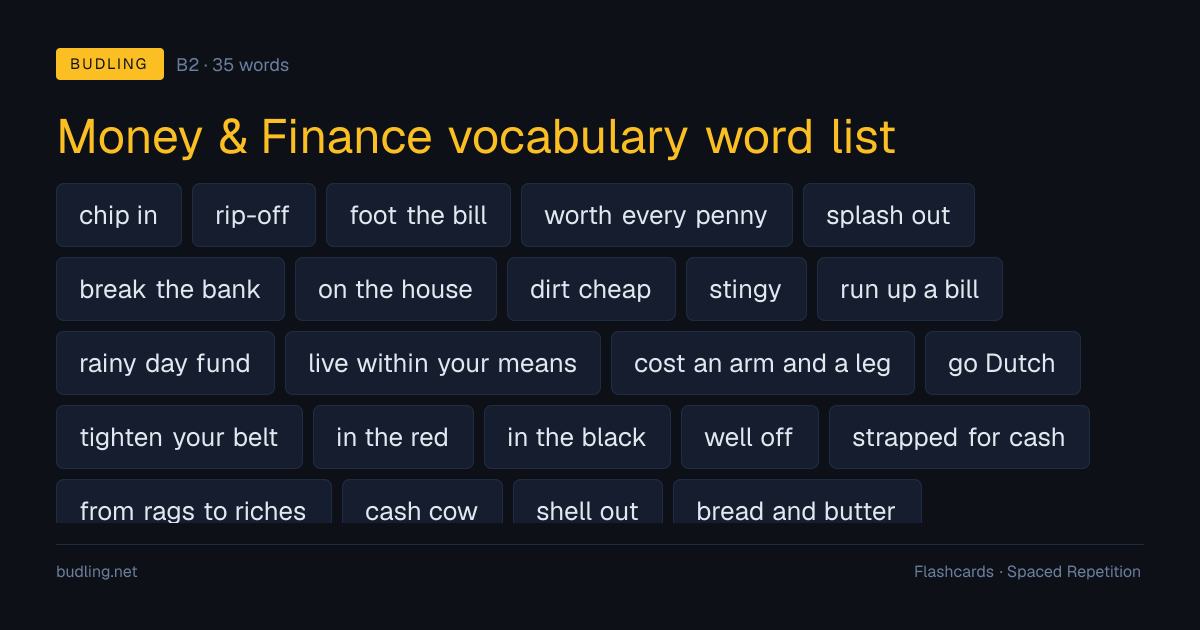 Money & Finance vocabulary word list — 35 B2 English flashcards