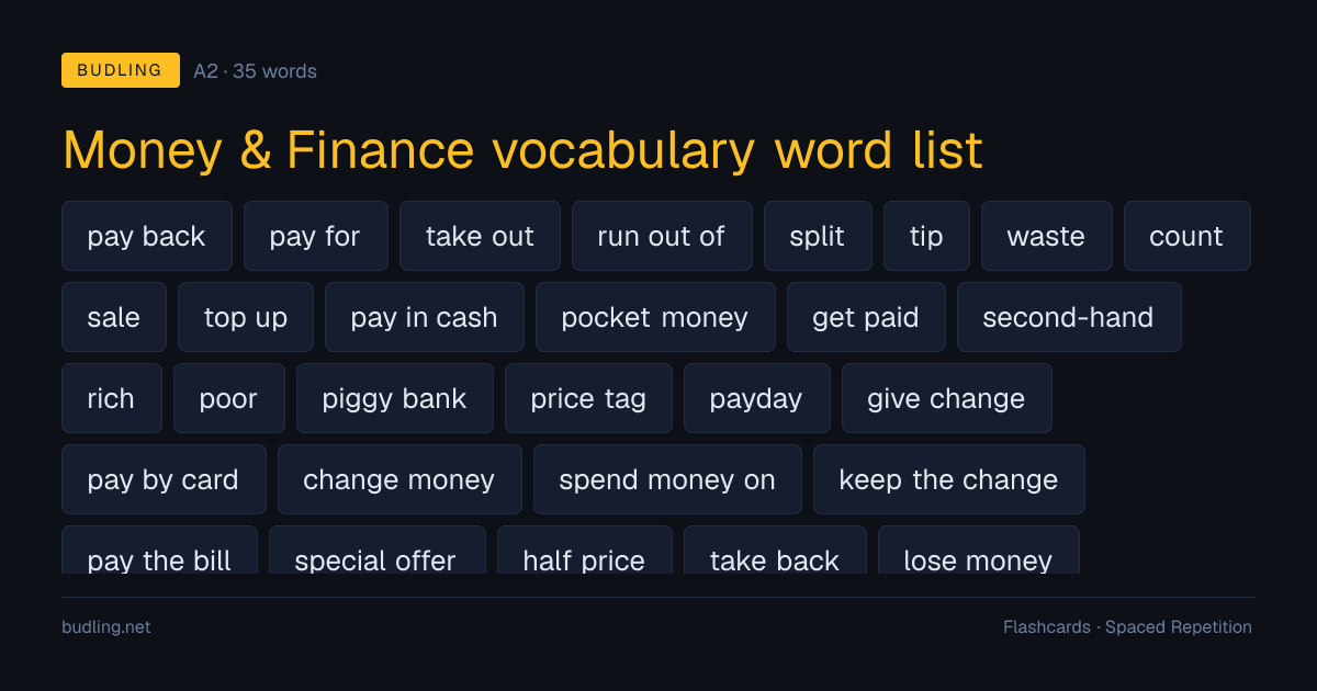 Money & Finance vocabulary word list — 35 A2 English flashcards