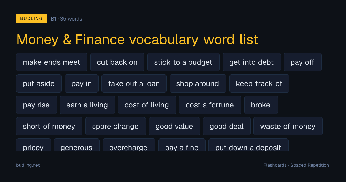 Money & Finance vocabulary word list — 35 B1 English flashcards