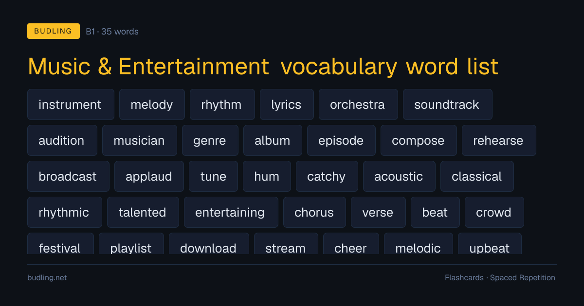 Music & Entertainment vocabulary word list — 35 B1 English flashcards