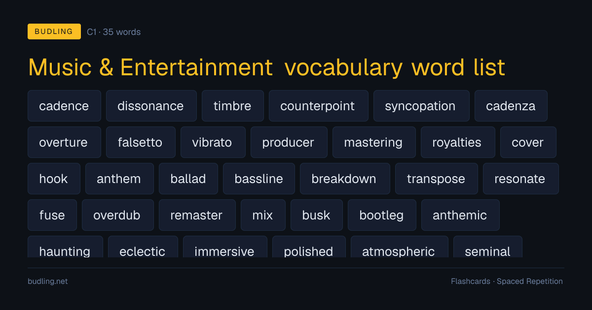 Music & Entertainment vocabulary word list — 35 C1 English flashcards