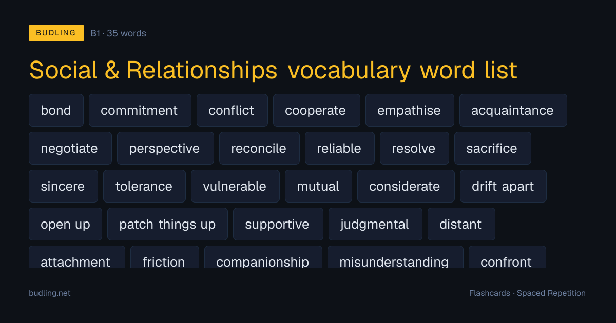 Social & Relationships vocabulary word list — 35 B1 English flashcards
