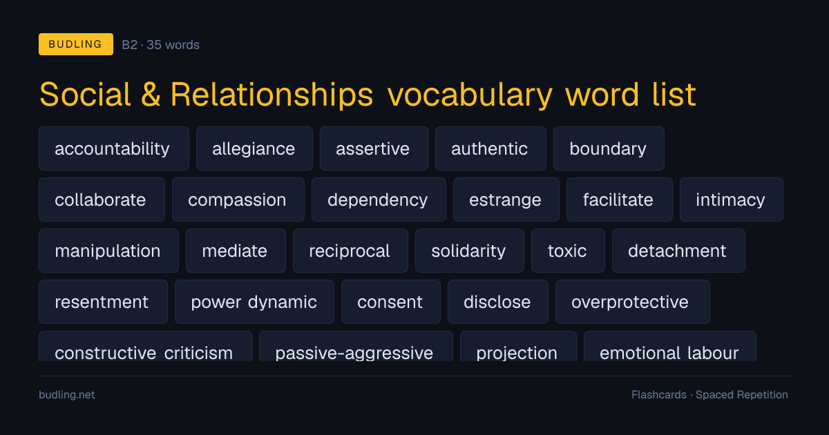 Social & Relationships vocabulary word list — 35 B2 English flashcards