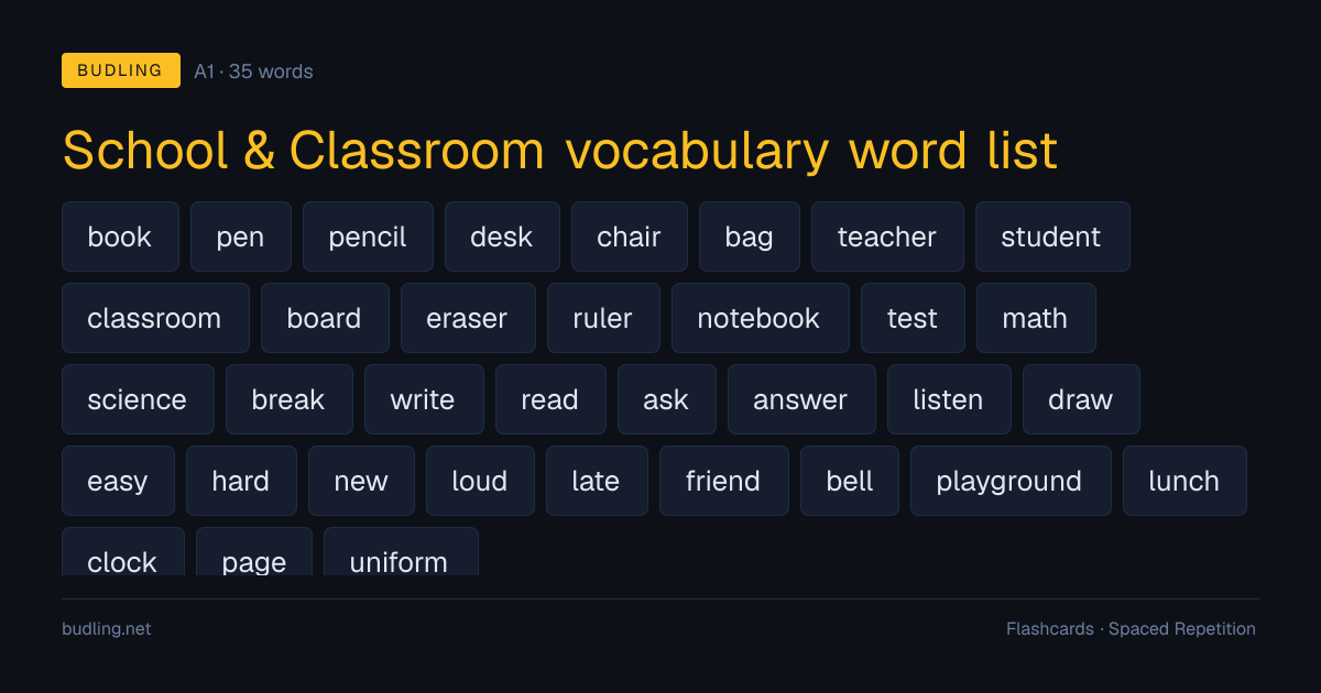 School & Classroom vocabulary word list — 35 A1 English flashcards
