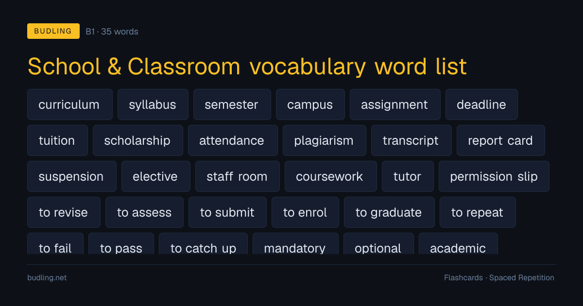 School & Classroom vocabulary word list — 35 B1 English flashcards