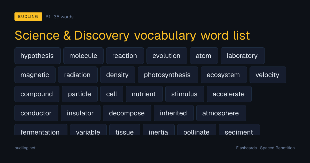 Science & Discovery vocabulary word list — 35 B1 English flashcards