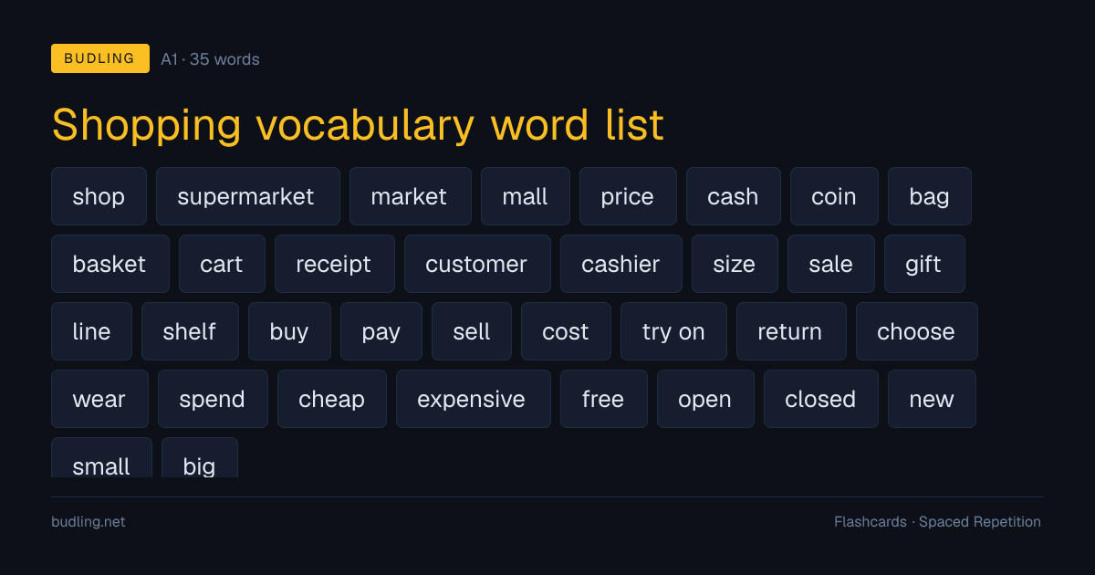 Shopping vocabulary word list — 35 A1 English flashcards
