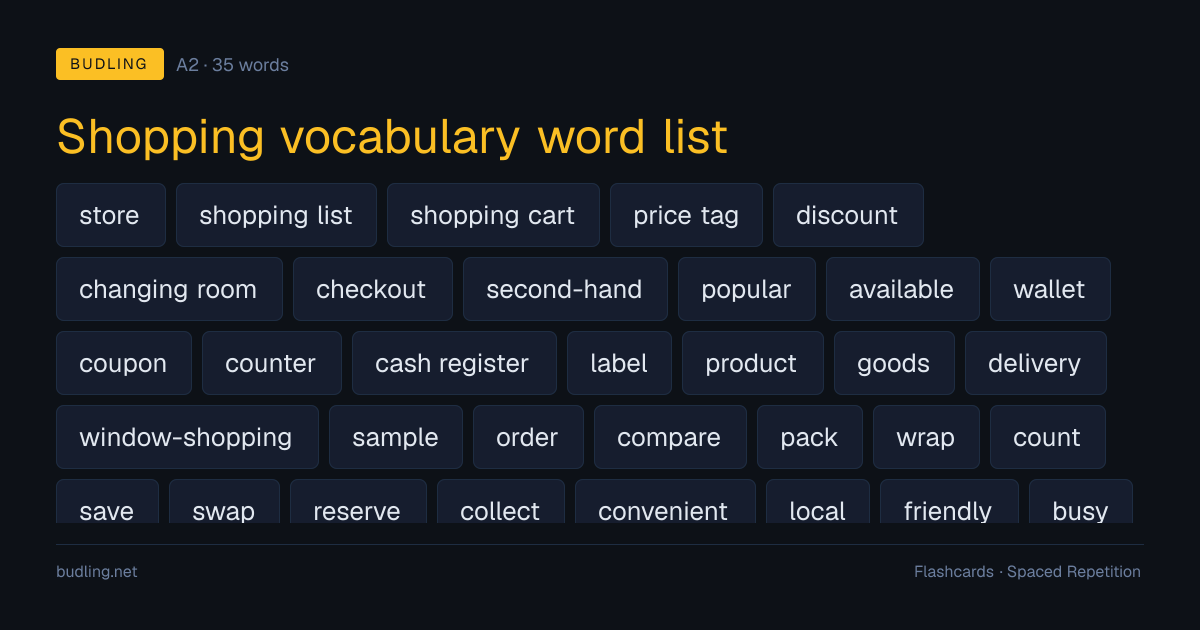 Shopping vocabulary word list — 35 A2 English flashcards