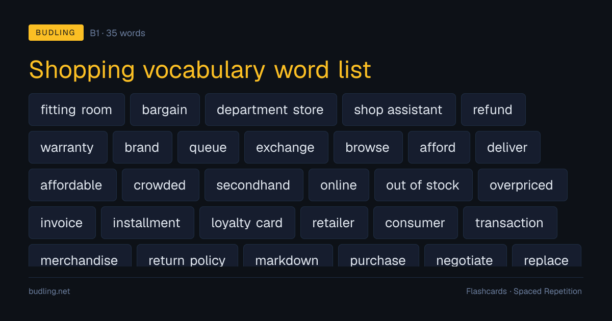 Shopping vocabulary word list — 35 B1 English flashcards