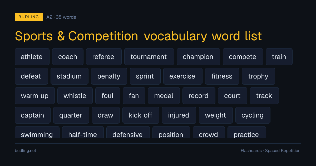 Sports & Competition vocabulary word list — 35 A2 English flashcards