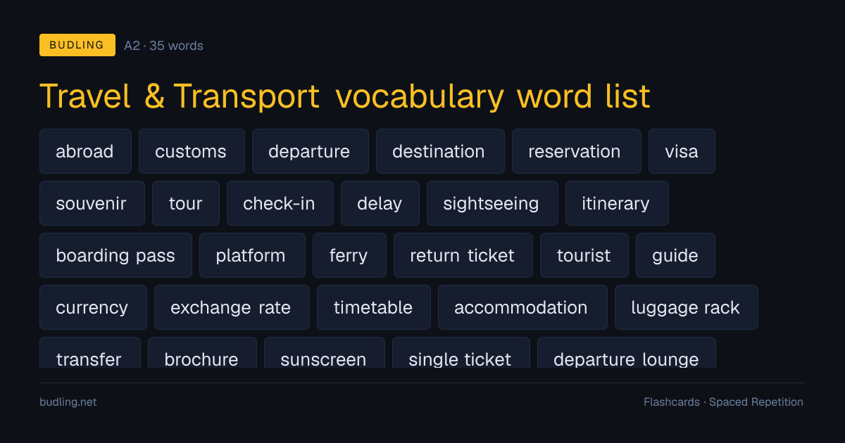 Travel & Transport vocabulary word list — 35 A2 English flashcards