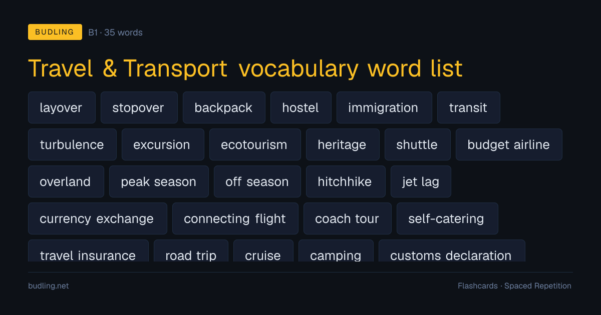 Travel & Transport vocabulary word list — 35 B1 English flashcards