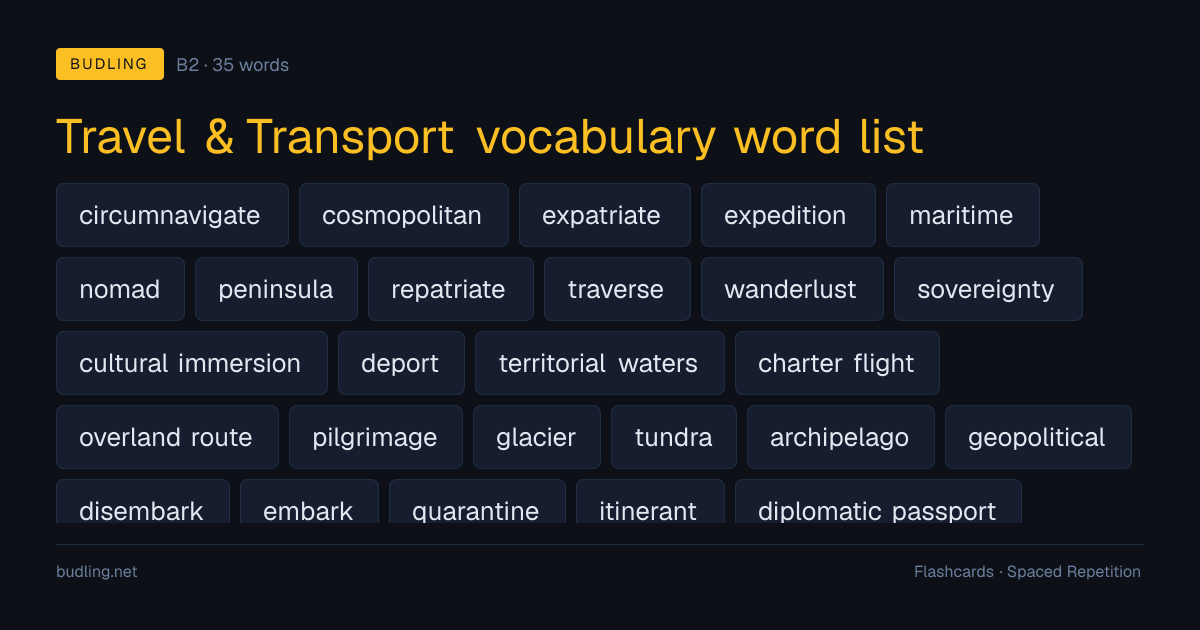 Travel & Transport vocabulary word list — 35 B2 English flashcards