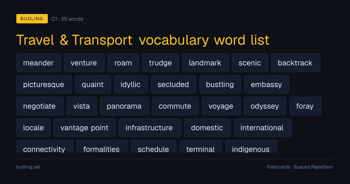 Travel & Transport vocabulary word list — 35 C1 English flashcards