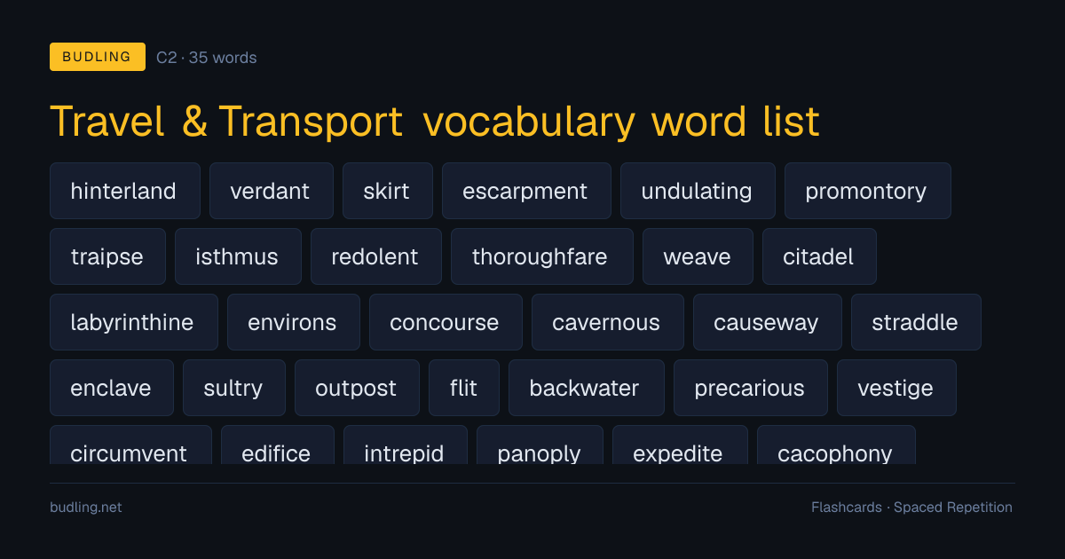 Travel & Transport vocabulary word list — 35 C2 English flashcards