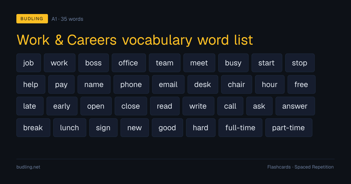 Work & Careers vocabulary word list — 35 A1 English flashcards