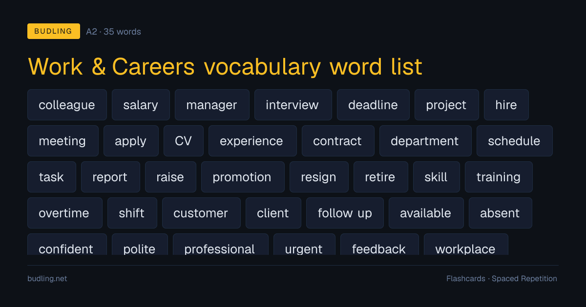 Work & Careers vocabulary word list — 35 A2 English flashcards