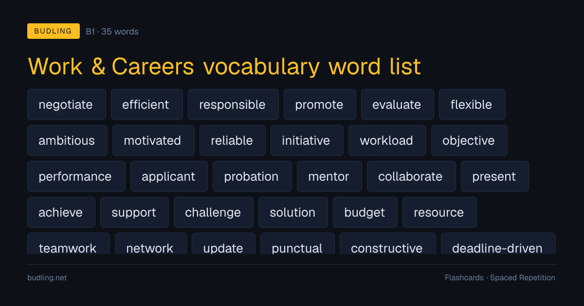 Work & Careers vocabulary word list — 35 B1 English flashcards