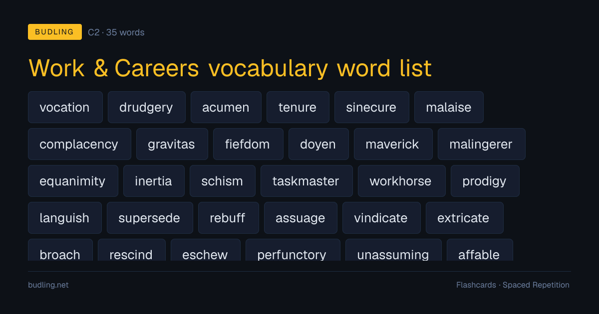 Work & Careers vocabulary word list — 35 C2 English flashcards